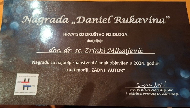 Doc. dr. sc. Zrinka Mihaljević dobitnica nagrade „Daniel Rukavina“ Hrvatskog društva fiziologa
